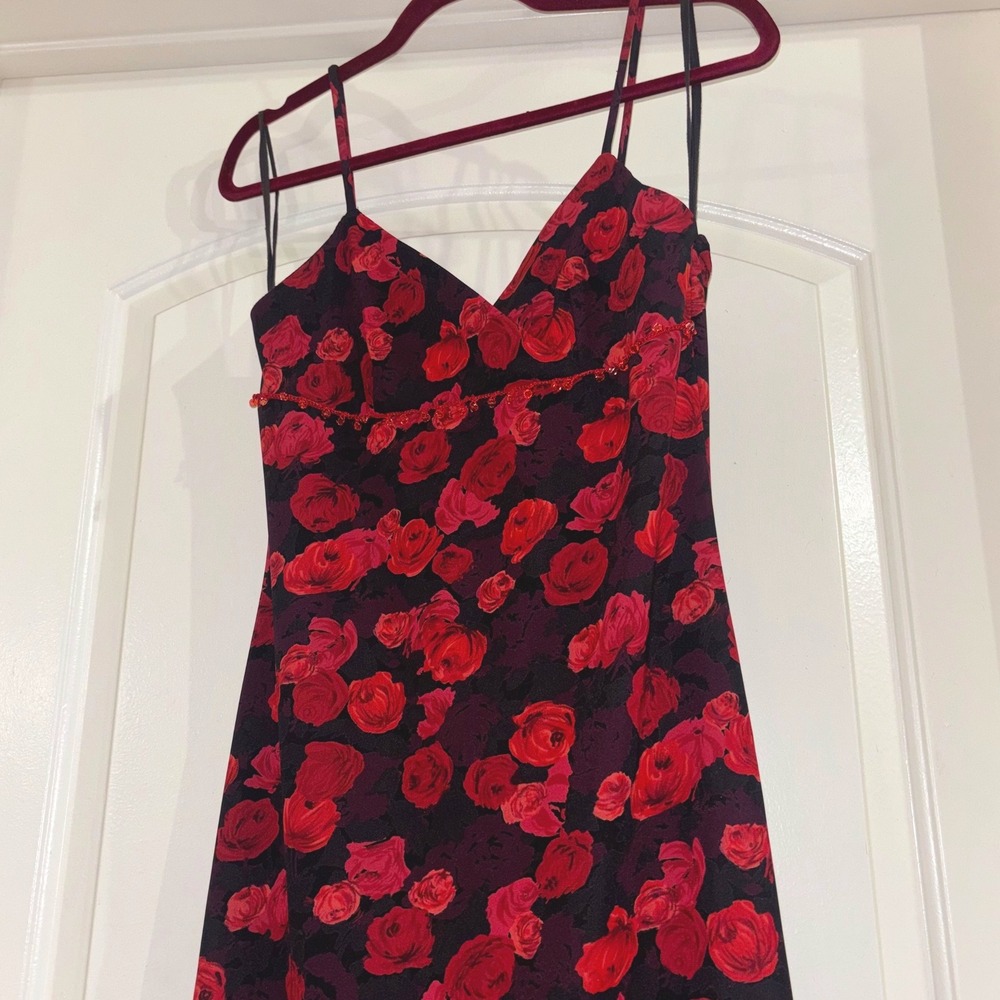 La Belle Vtg 90s USA Red Rose Floral Dress Midi Beaded Babydoll Empire Waist L